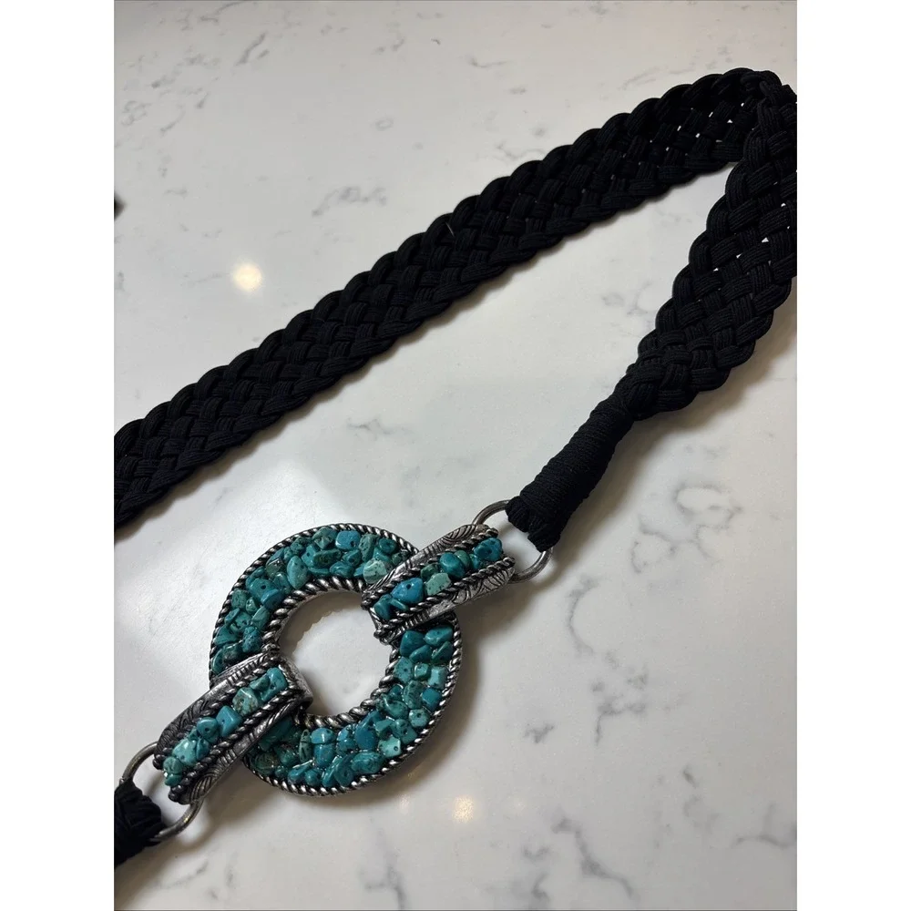 Chicos Southwest Boho Belt Turquoise Metal Round Buckle  Fabric Black Braided XL - Picture 2 of 7